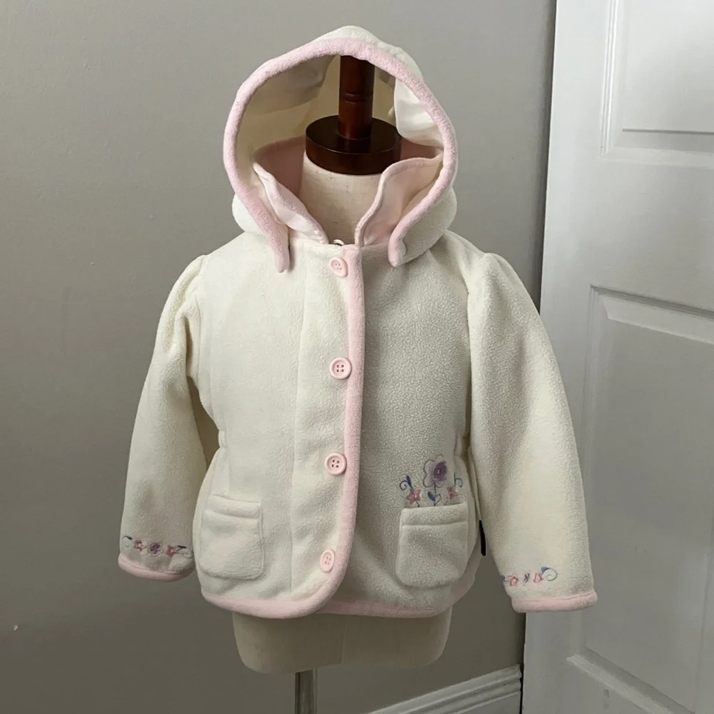 VINTAGE - LONDON FOG Baby Girls White Fleece Jacket With Hood | 24 Months